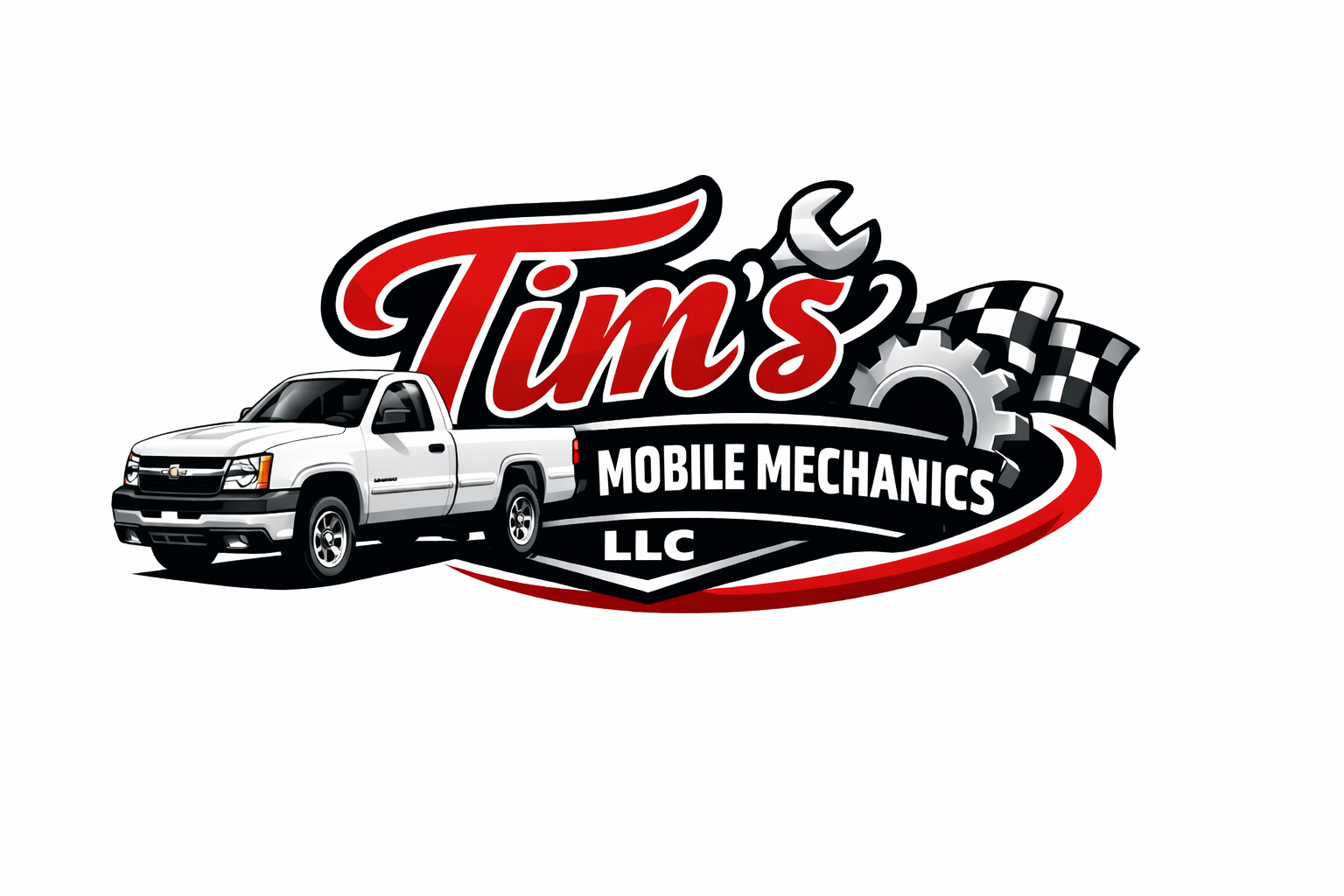 Tim’s Mobile Mechanics LLC logo with a white pickup truck, wrench and checkered flag